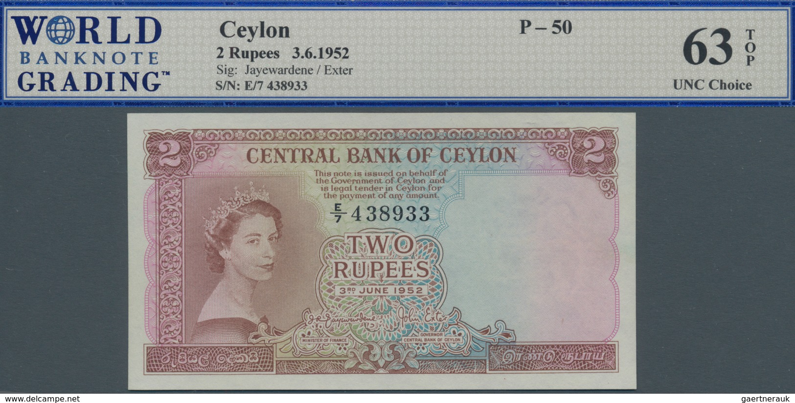 Ceylon: 2 Rupees 3. June 1952 P. 50, Sig. Jayewardene / Exter. WBG Graded 63 Choice UNC TOP. - Sri Lanka