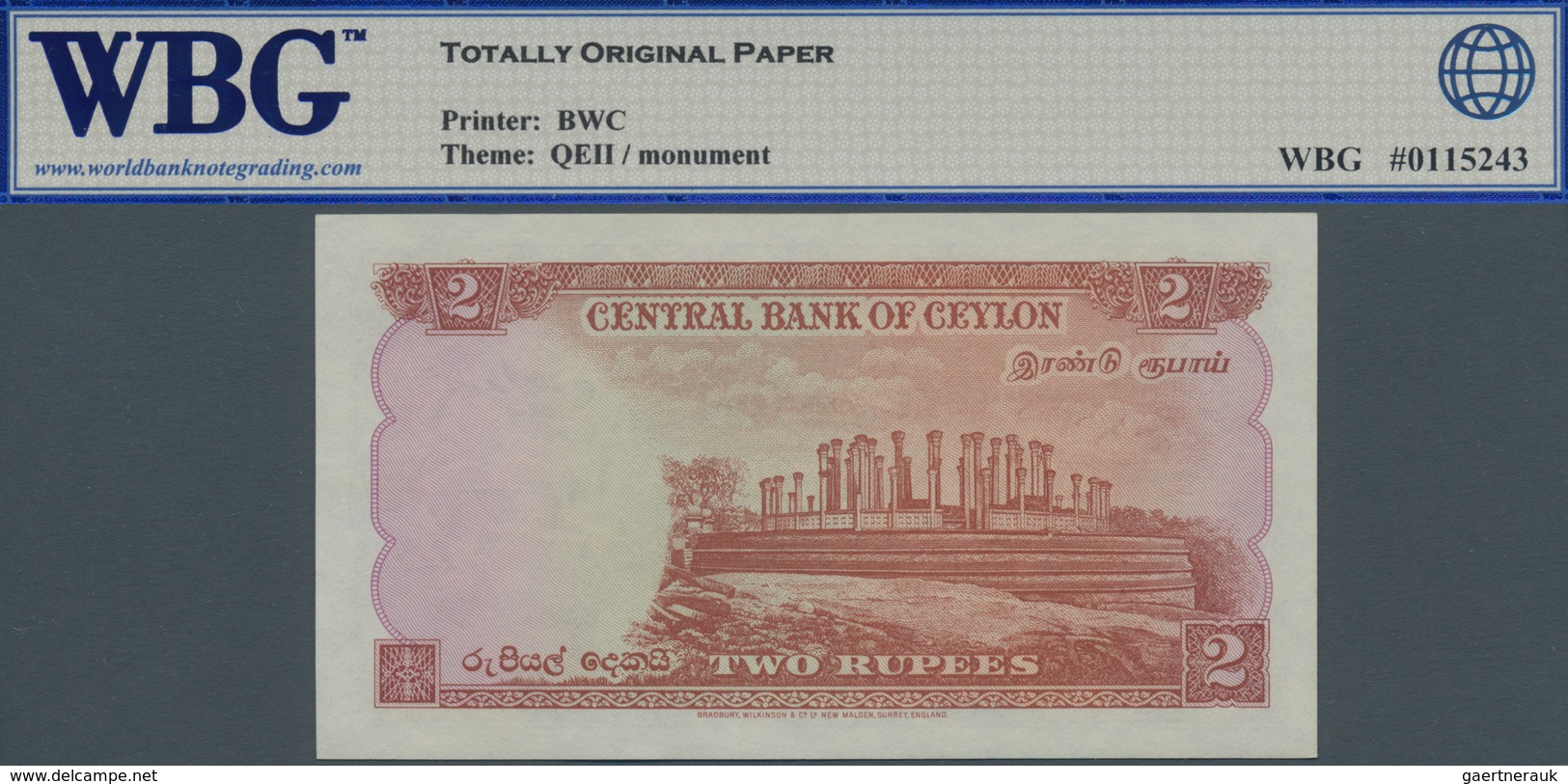 Ceylon: 2 Rupees 3. June 1952 P. 50, Sig. Jayewardene / Exter. WBG Graded 63 Choice UNC TOP. - Sri Lanka