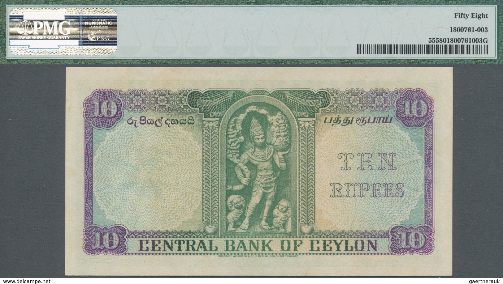 Ceylon: 10 Rupees 16. October 1954 P. 55, Printer BWC, Wmk Chinze. PMG Graded 58 Choice Abount UNC. - Sri Lanka