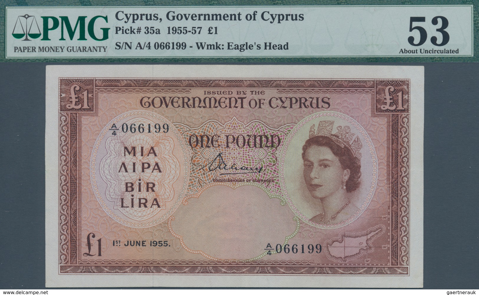 Cyprus / Zypern: 1 Pound 1955, P.35a, PMG Graded 53 About Uncirculated. - Cyprus