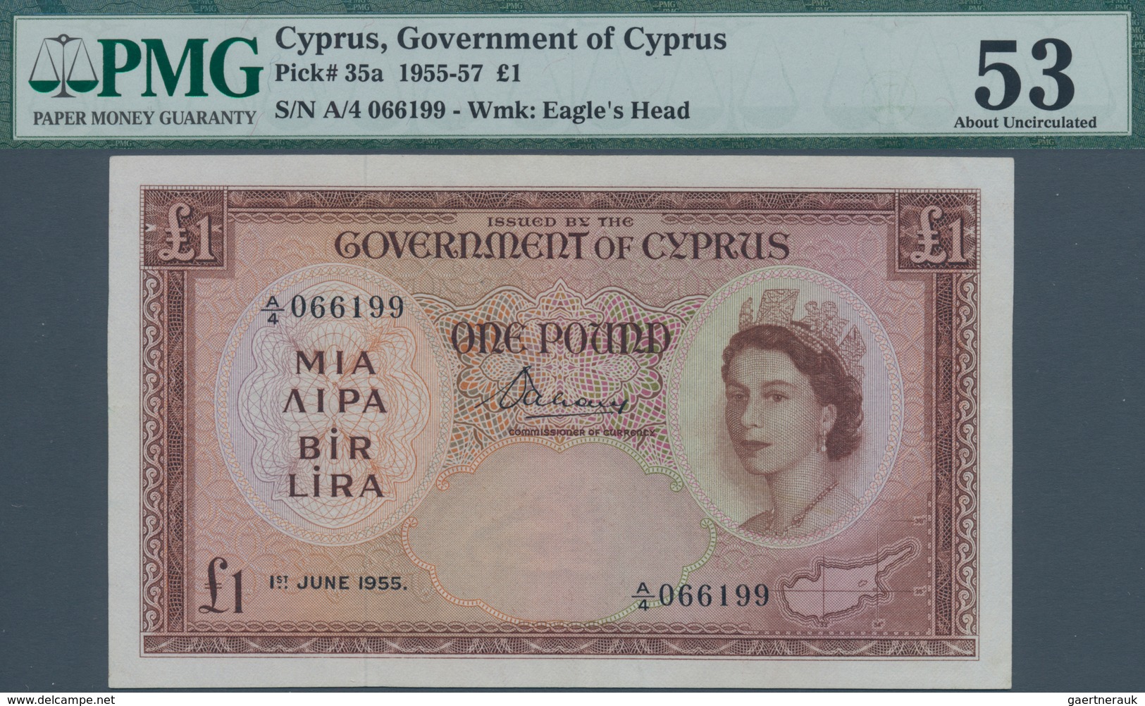 Cyprus / Zypern: 1 Pound 1955, P.35a, PMG Graded 53 About Uncirculated. - Chipre