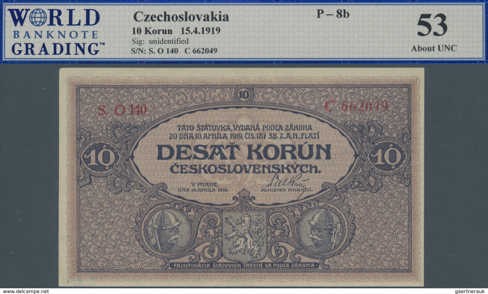 Czechoslovakia / Tschechoslowakei: 10 Korun 1919 P. 8b, S/N O, WBG Graded 53 AUNC. - Tschechoslowakei