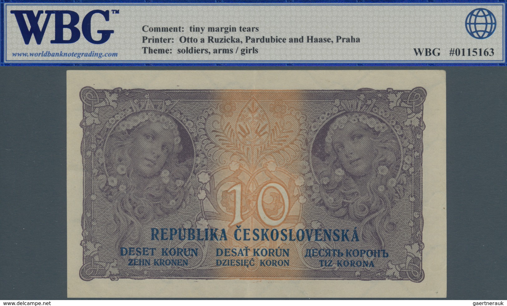 Czechoslovakia / Tschechoslowakei: 10 Korun 1919 P. 8b, S/N O, WBG Graded 53 AUNC. - Tsjechoslowakije