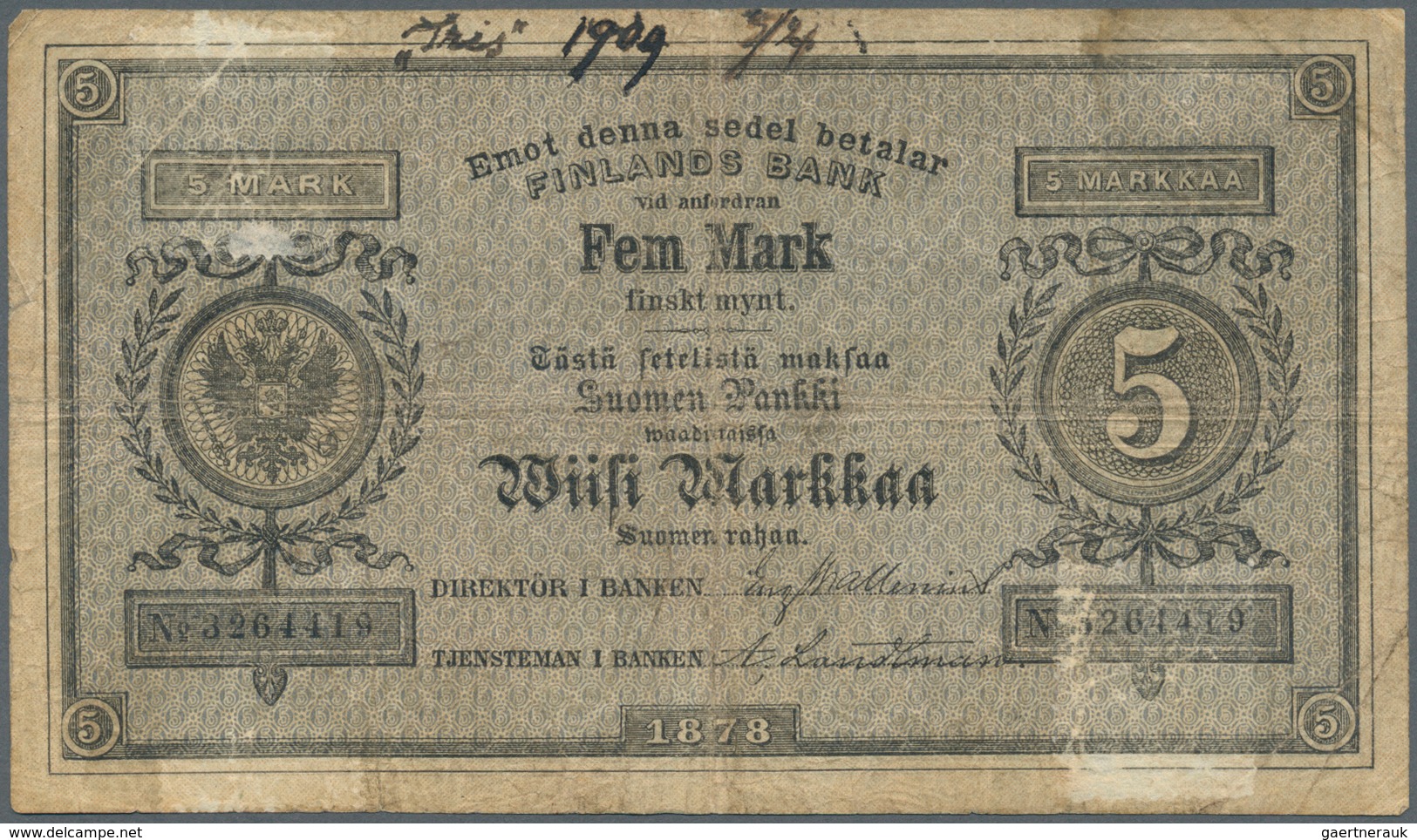 Finland / Finnland: 5 Markkaa 1878 P. A43b, Used With Strong Vertical And Horizontal Folds, Tiny Cen - Finnland