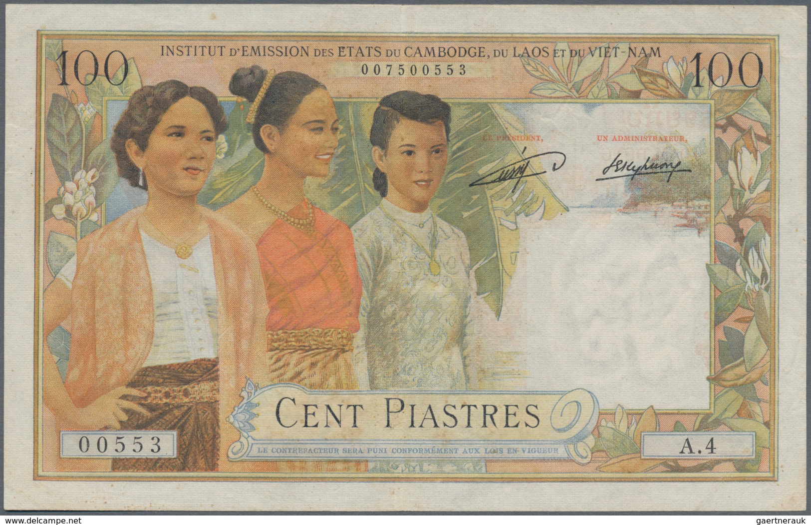 French Indochina / Französisch Indochina: 100 Piastres ND(1953-54) P. 103, S/N 007500553 A.4, Issue - Indochine