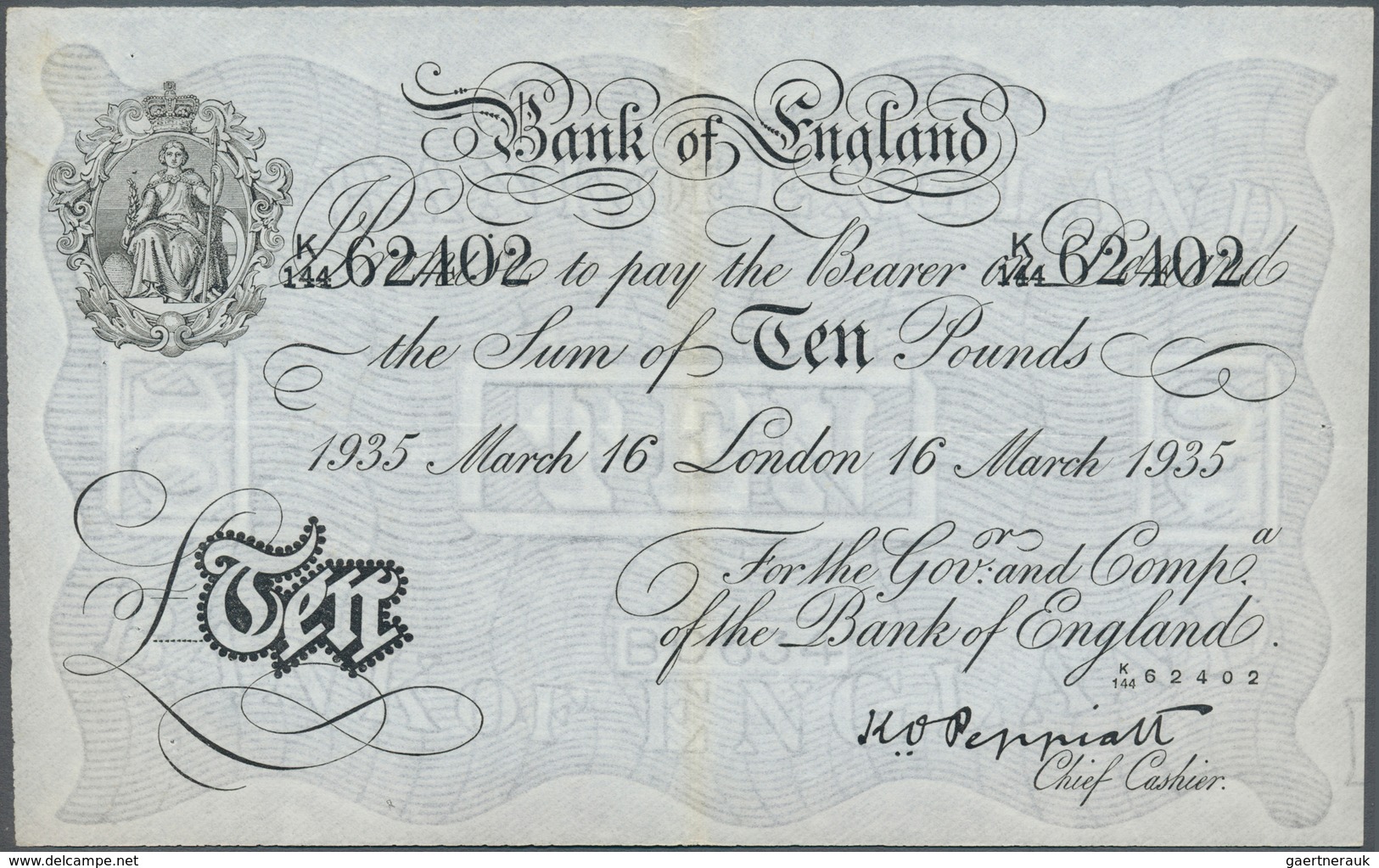 Great Britain / Großbritannien: 10 Pounds 1935 P. 336a, Issued In London, Center Fold With Staining, - Sonstige & Ohne Zuordnung