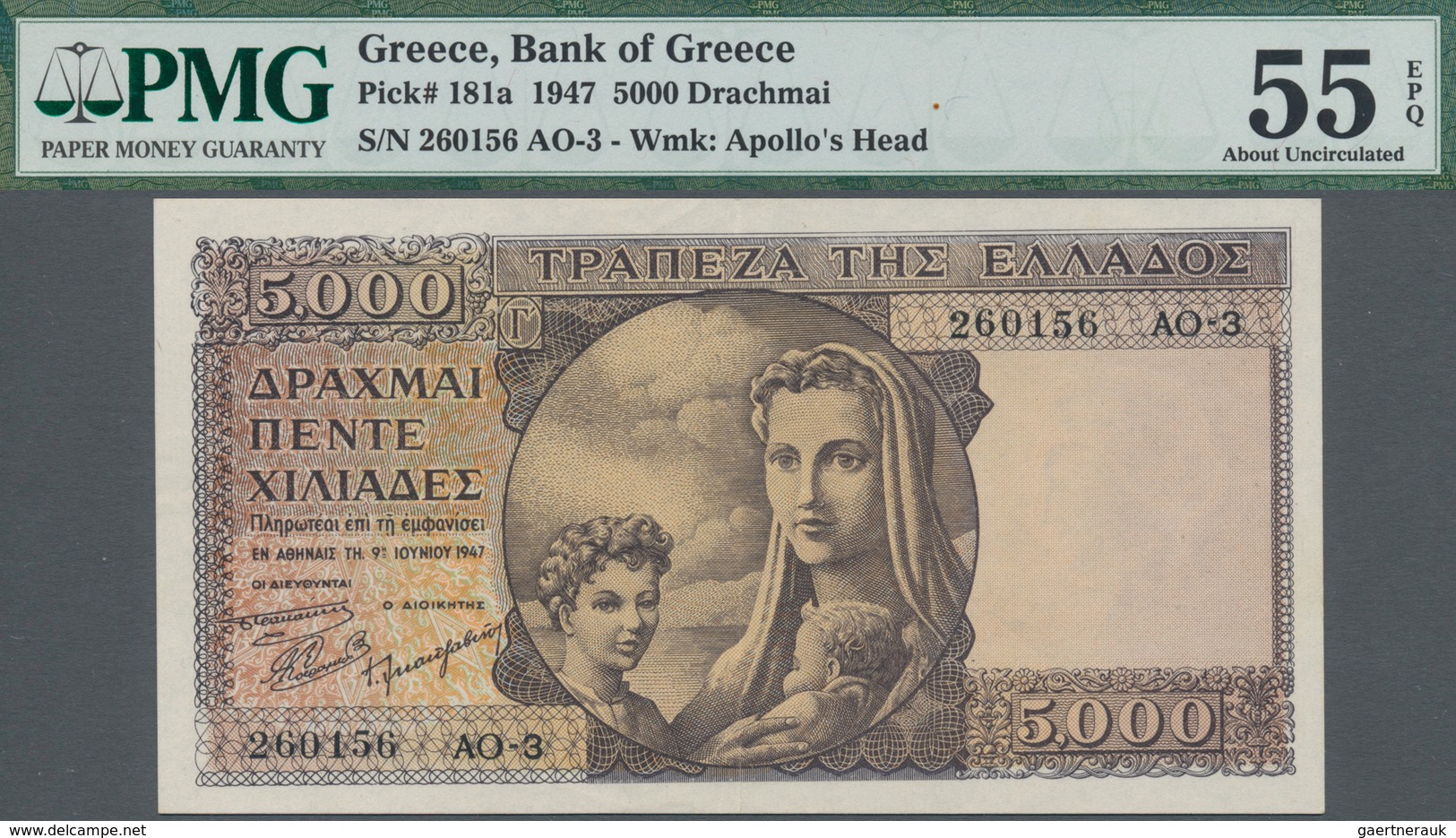 Greece / Griechenland: 5000 Drachmai 1947, P.181a PMG Graded 55 AUNC EPQ. - Grecia