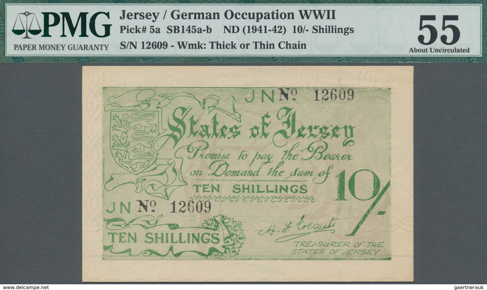 Jersey: German Occupation WW II.: 10 Shillings ND(1941-42) P. 5a, PMG Graded 55 AUNC. - Otros & Sin Clasificación