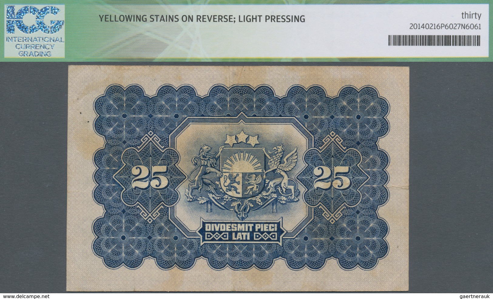 Latvia / Lettland: 25 Latu 1928 P. 18, Series A, Sign. Kalnings, Yellowing Stains On Reverse, Light - Letland