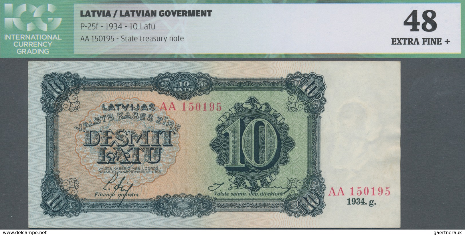 Latvia / Lettland: 10 Latu 1934, P.25f, Series AA, ICG Graded 48 Extra Fine+ - Letland