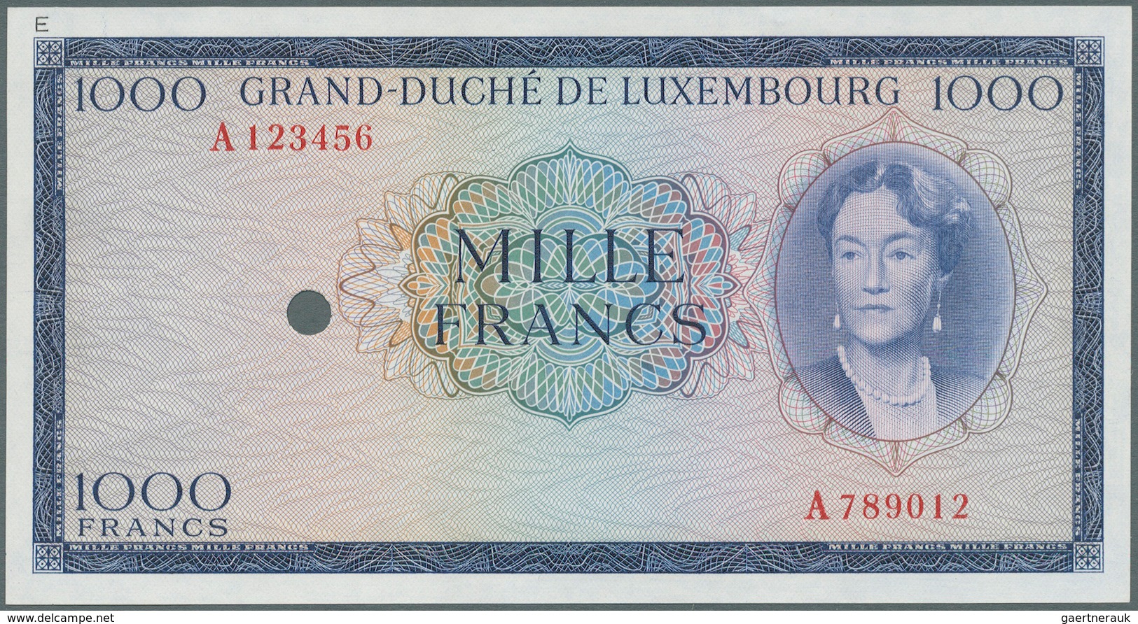 Luxembourg: 1000 Francs ND Color Trial Of P. 52B In Blue Instead Of Brown Color, With Specimen Seria - Luxemburg