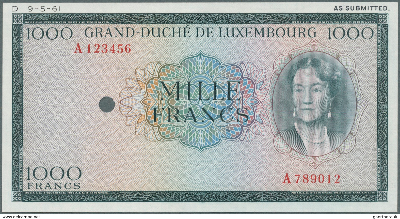 Luxembourg: 1000 Francs ND Color Trial Of P. 52B In Dark Green Instead Of Brown Color, With Specimen - Luxemburgo