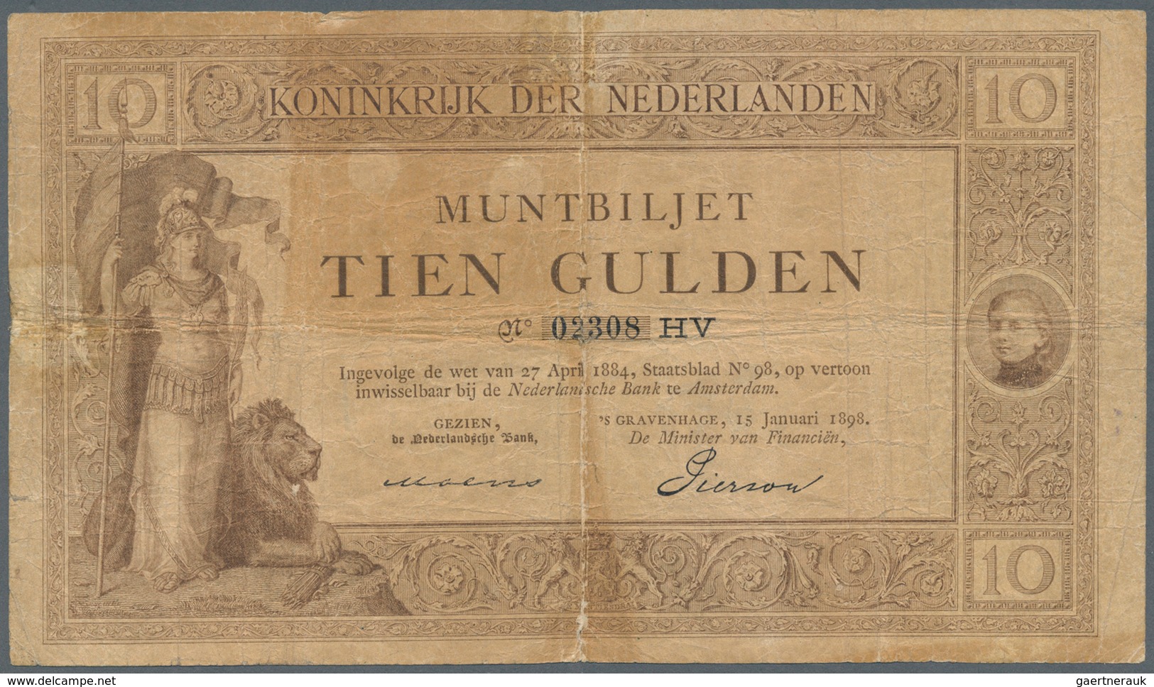 Netherlands / Niederlande: 10 Gulden 1898 P. 2, Very Rare, Used With Staining In Paper, Strong Cente - Andere & Zonder Classificatie