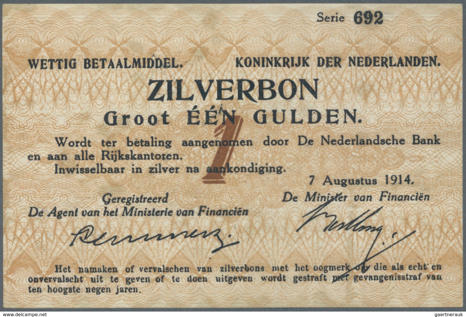 Netherlands / Niederlande: 1 Gulden 1914 P. 4a, Never Folded, No Holes Or Tears, Crisp Paper, A Few - Andere & Zonder Classificatie