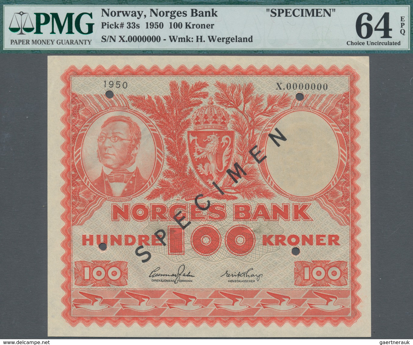 Norway / Norwegen: 100 Kroner 1950 SPECIMEN, P.33s With Serial Number X0000000, Punch Hole Cancellat - Noorwegen