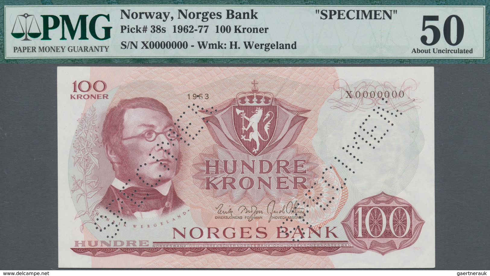 Norway / Norwegen: 100 Kroner 1963 Specimen P. 38s With Serial Number X 0000000, Specimen Perforatio - Noorwegen