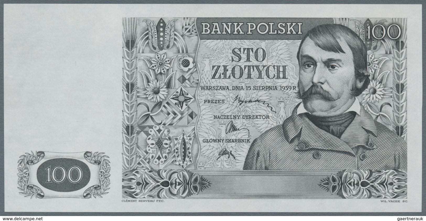 Poland / Polen: Design Proof Of Unissued Banknote 100 Zlotych 1939 P. NL, Black Uni Color, Front And - Pologne