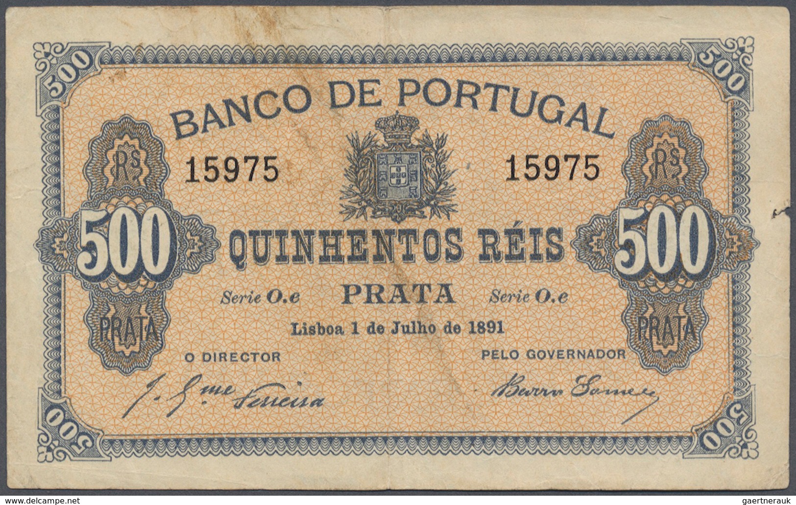 Portugal: 500 Reis 1891 P. 65, Center Fold, Staining At Upper Border On Front, A Tiny Damage At Righ - Portugal