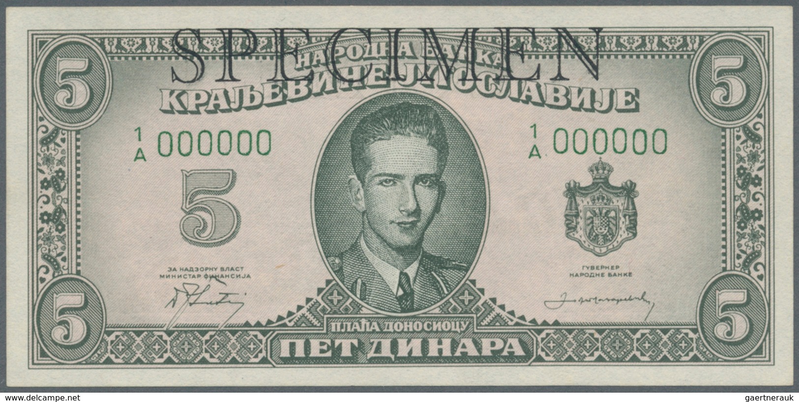 Yugoslavia / Jugoslavien: Not Issued Banknote 5 Dinara Series 1943 Specimen, P.35As, In Perfect UNC - Jugoslawien