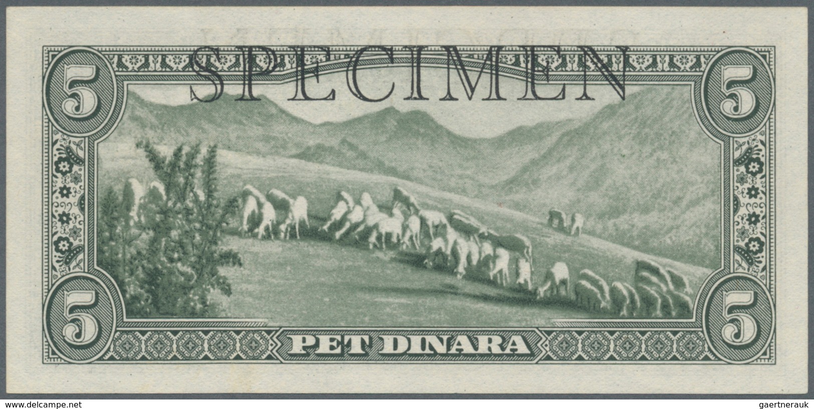 Yugoslavia / Jugoslavien: Not Issued Banknote 5 Dinara Series 1943 Specimen, P.35As, In Perfect UNC - Jugoslawien