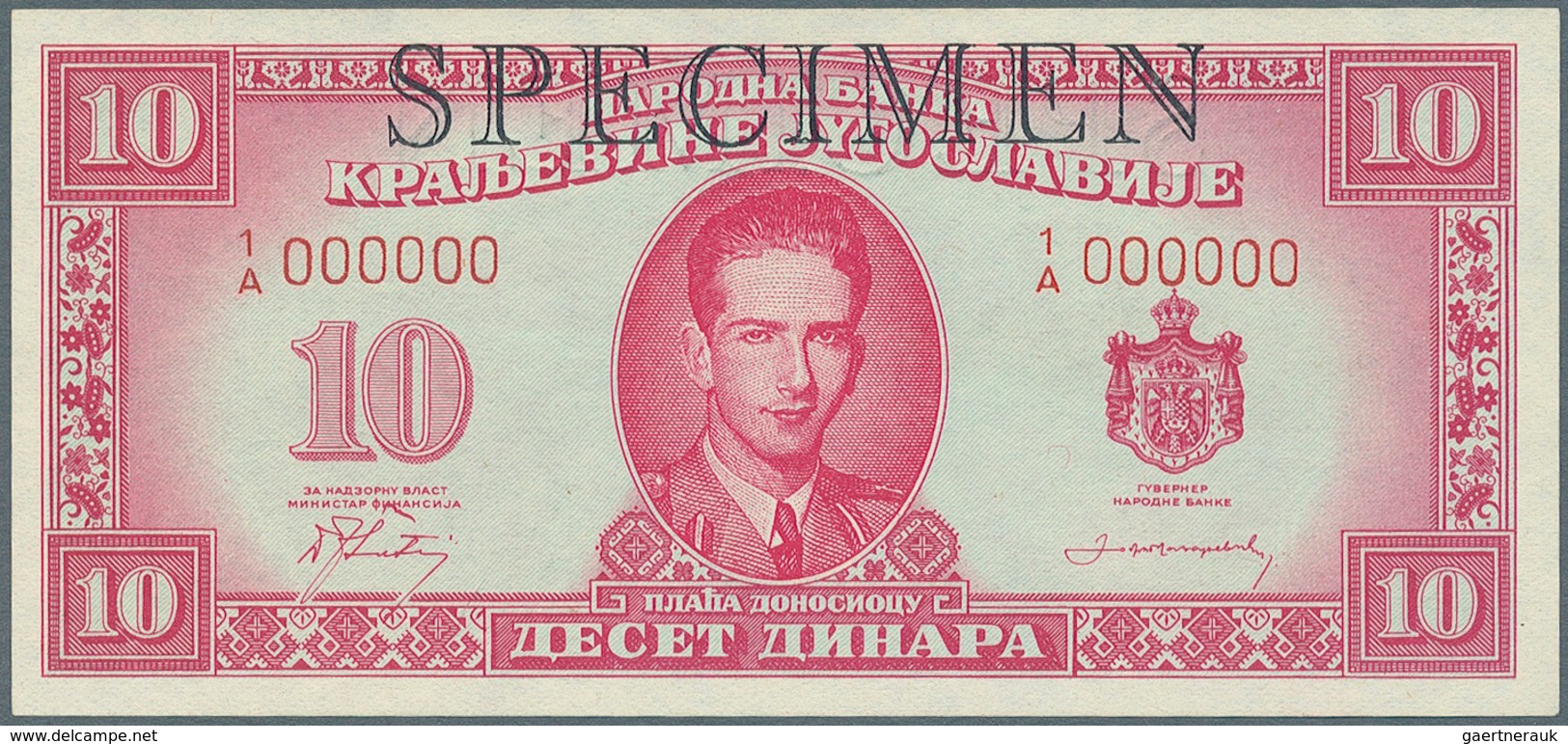 Yugoslavia / Jugoslavien: Not Issued Banknote 10 Dinara Series 1943 Specimen, P.35Bs, In Perfect UNC - Jugoslawien