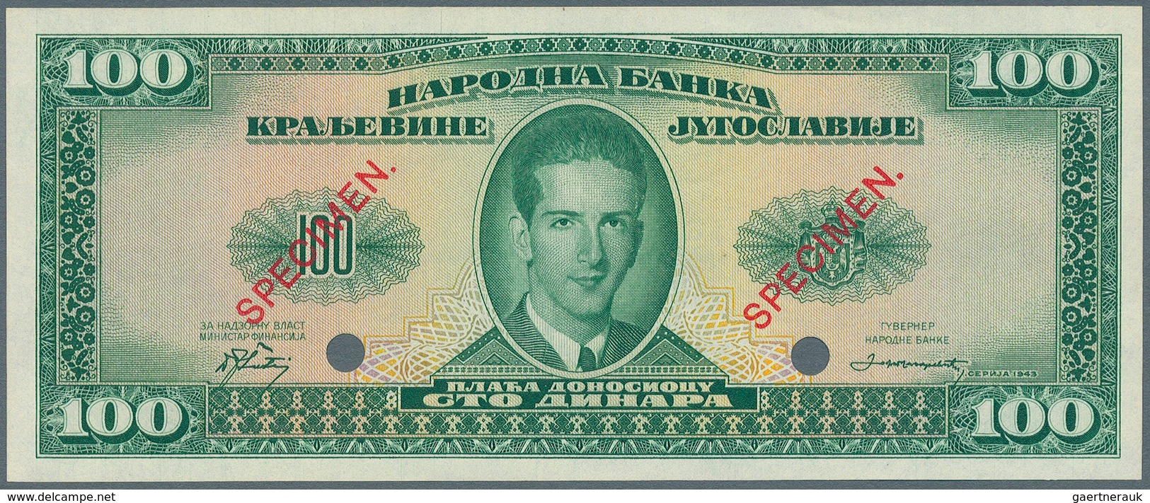 Yugoslavia / Jugoslavien: Not Issued Banknote 100 Dinara Series 1943 Specimen, P.35Ds, In Perfect UN - Yugoslavia