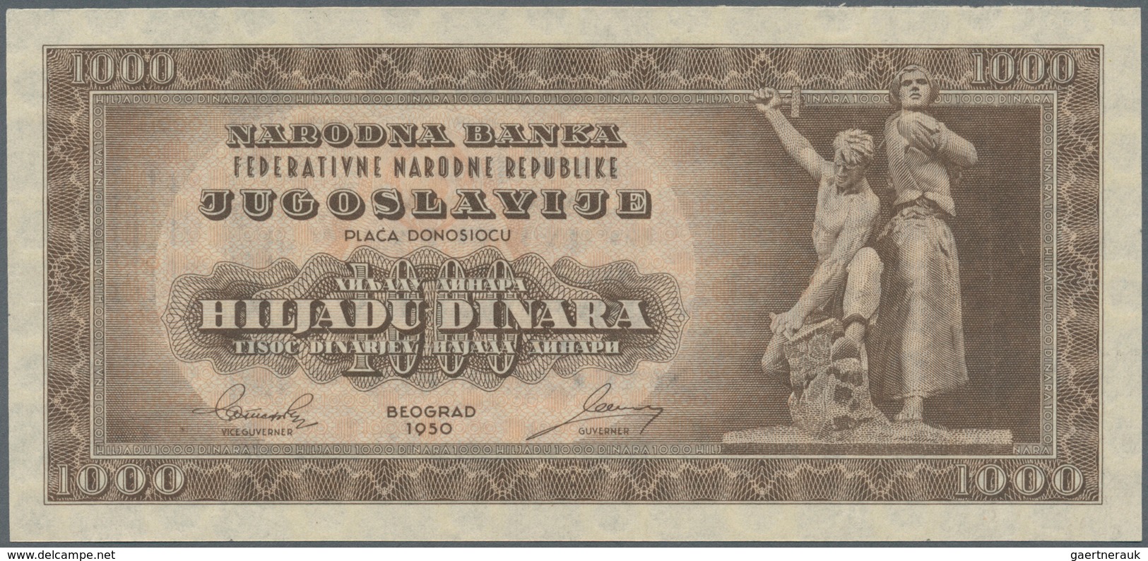 Yugoslavia / Jugoslavien: 1000 Dinara 1950, P.67x (not Issued), Minor Creases In The Paper, Tiny Cut - Yougoslavie