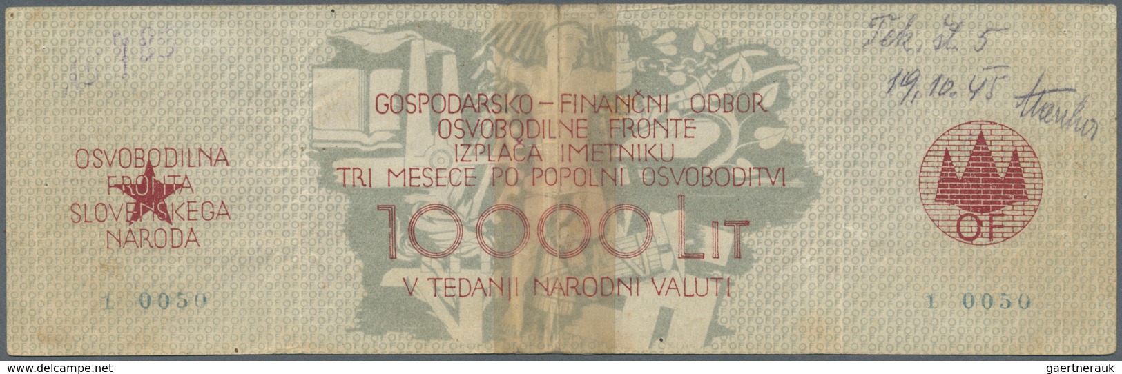 Yugoslavia / Jugoslavien: Slovenian Peoples Liberation Front 10.000 Lit ND(1944), P.S109, Well Worn - Jugoslawien