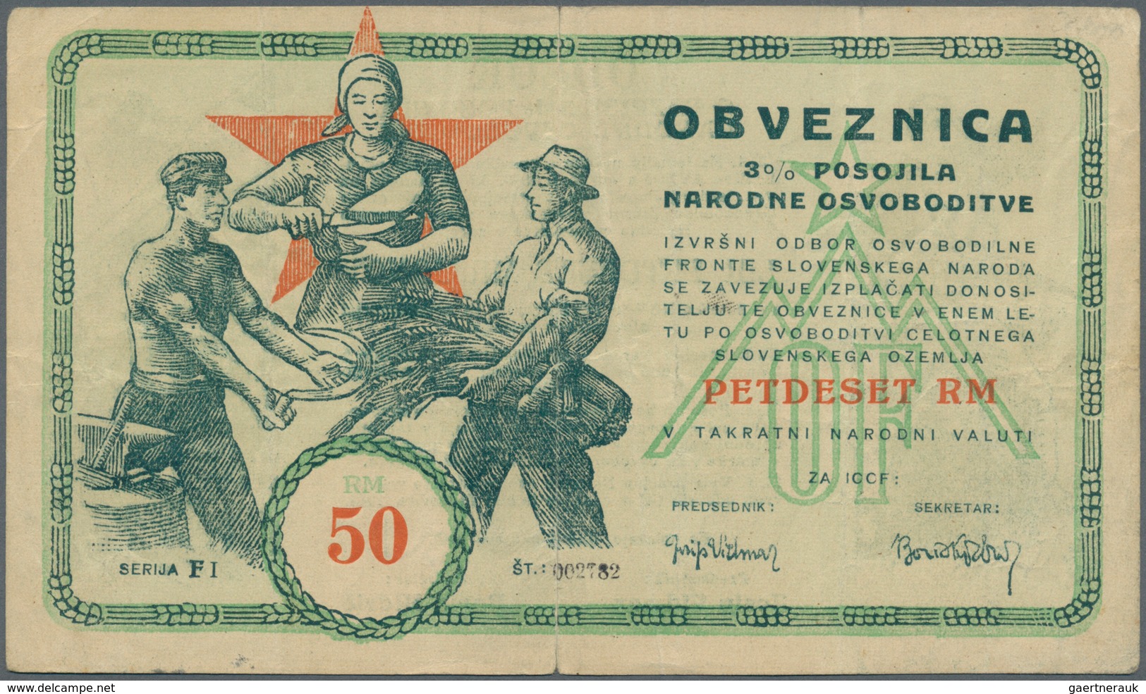 Yugoslavia / Jugoslavien: Committee Of The Slovenian Government Liberty Front 50 Reichsmark 1943, P. - Yougoslavie