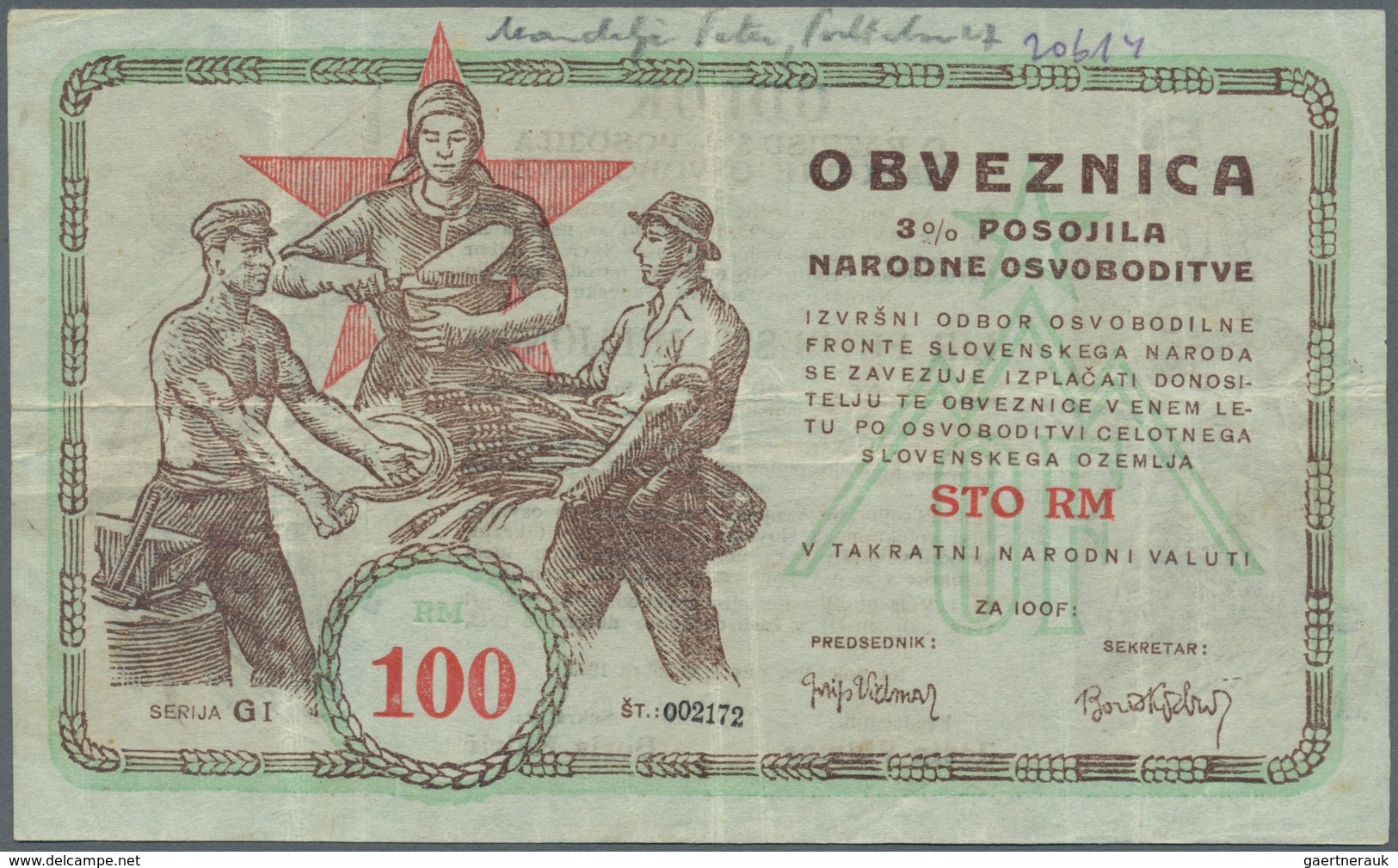 Yugoslavia / Jugoslavien: Committee Of The Slovenian Government Liberty Front 100 Reichsmark 1943, P - Joegoslavië
