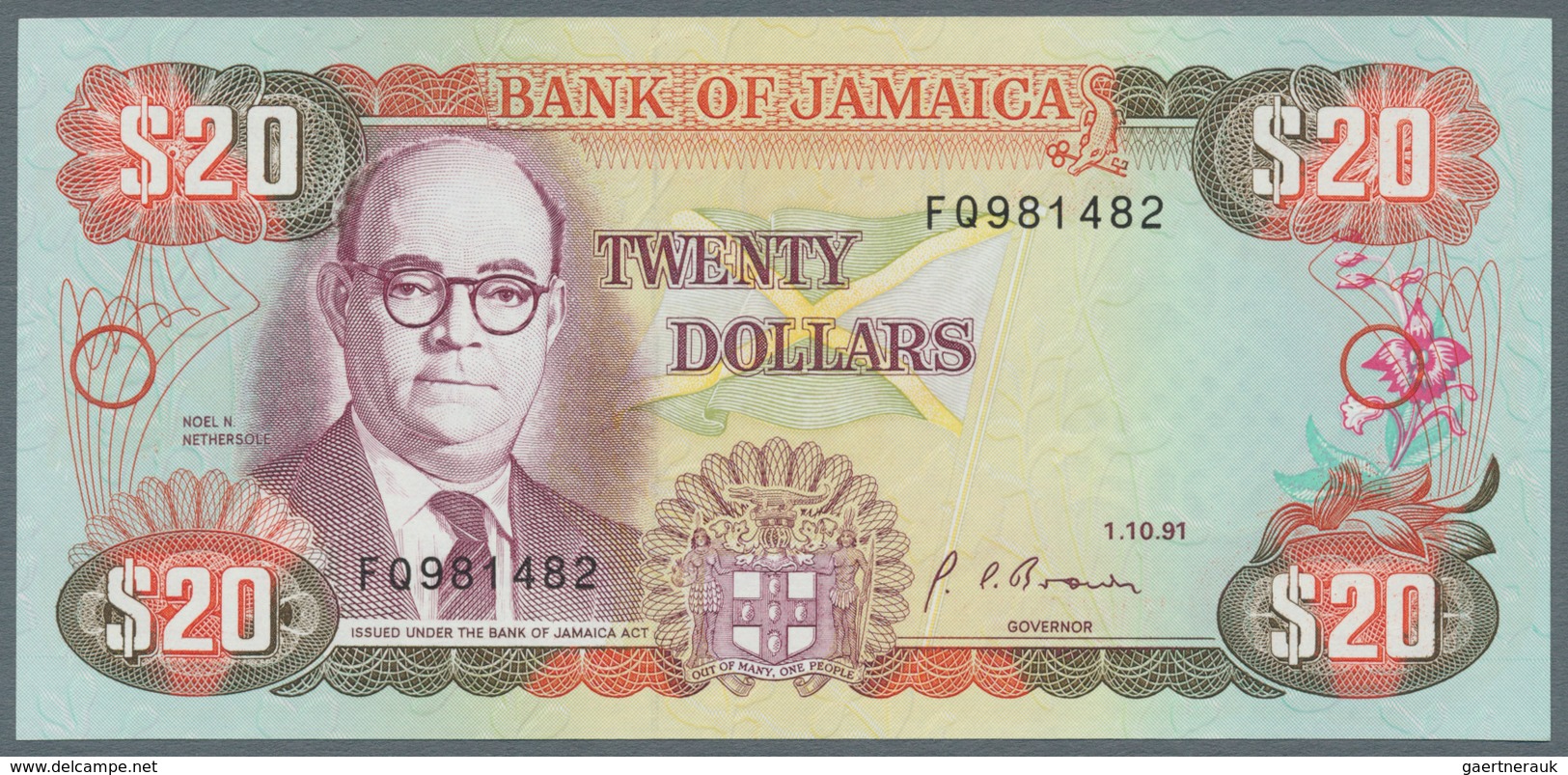 Jamaica: Lot with 38 banknotes Jamaica 1 - 500 Dollars ND(1970's) - 1999 in F- to UNC condition. (38