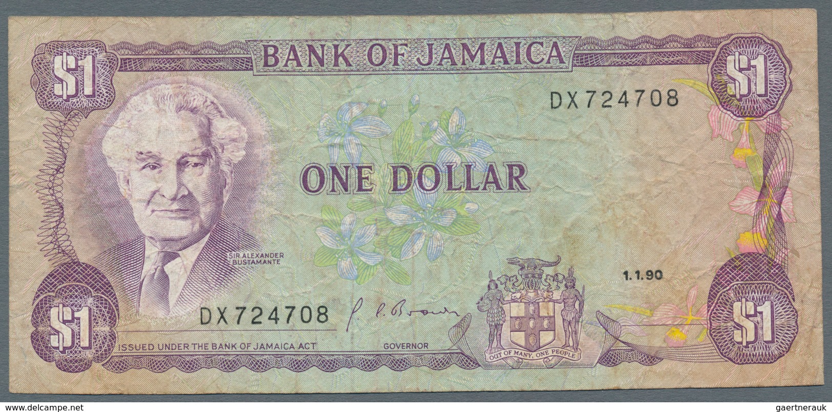 Jamaica: Lot with 38 banknotes Jamaica 1 - 500 Dollars ND(1970's) - 1999 in F- to UNC condition. (38