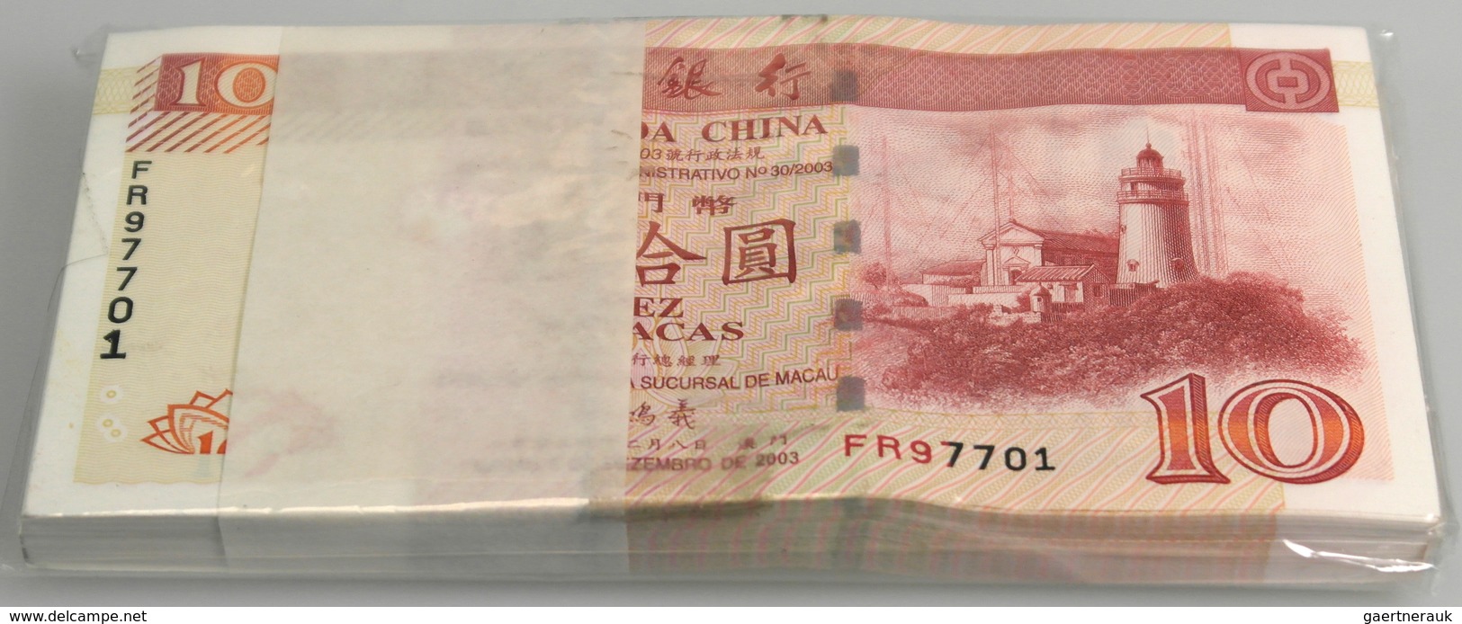 Macau / Macao: Full Bundle Of 100 Pcs 10 Patacas 2003 P. 101b In UNC. (100 Pcs) - Macao