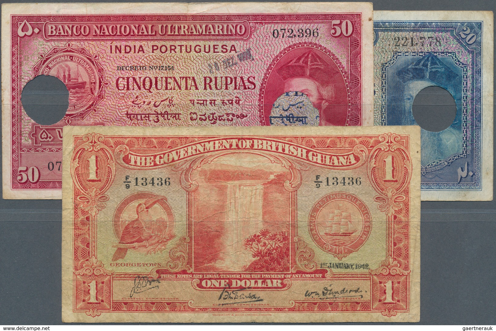 Alle Welt: Set Of 6 Different Banknotes Containing Portuguese India 20 Rupias 1945 P. 37 With Bank C - Otros & Sin Clasificación