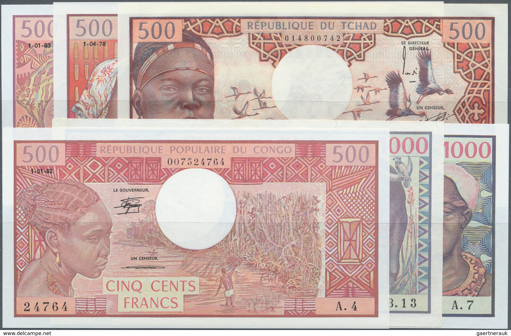 Africa / Afrika: Interesting Set Of 6 Banknotes Containing Cameroon 500 Francs 1983 P. 15d (UNC), Ch - Sonstige – Afrika