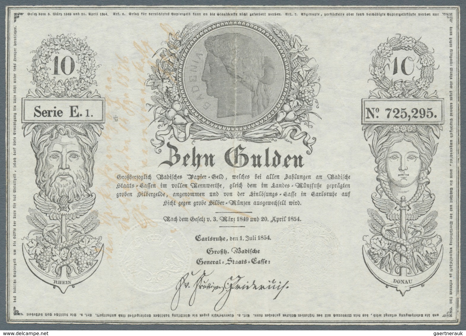 Deutschland - Altdeutsche Staaten: Baden 10 Gulden 1854 PiRi A32a, Mit Festem, Originalem Papier, Se - [ 1] …-1871 : Duitse Staten