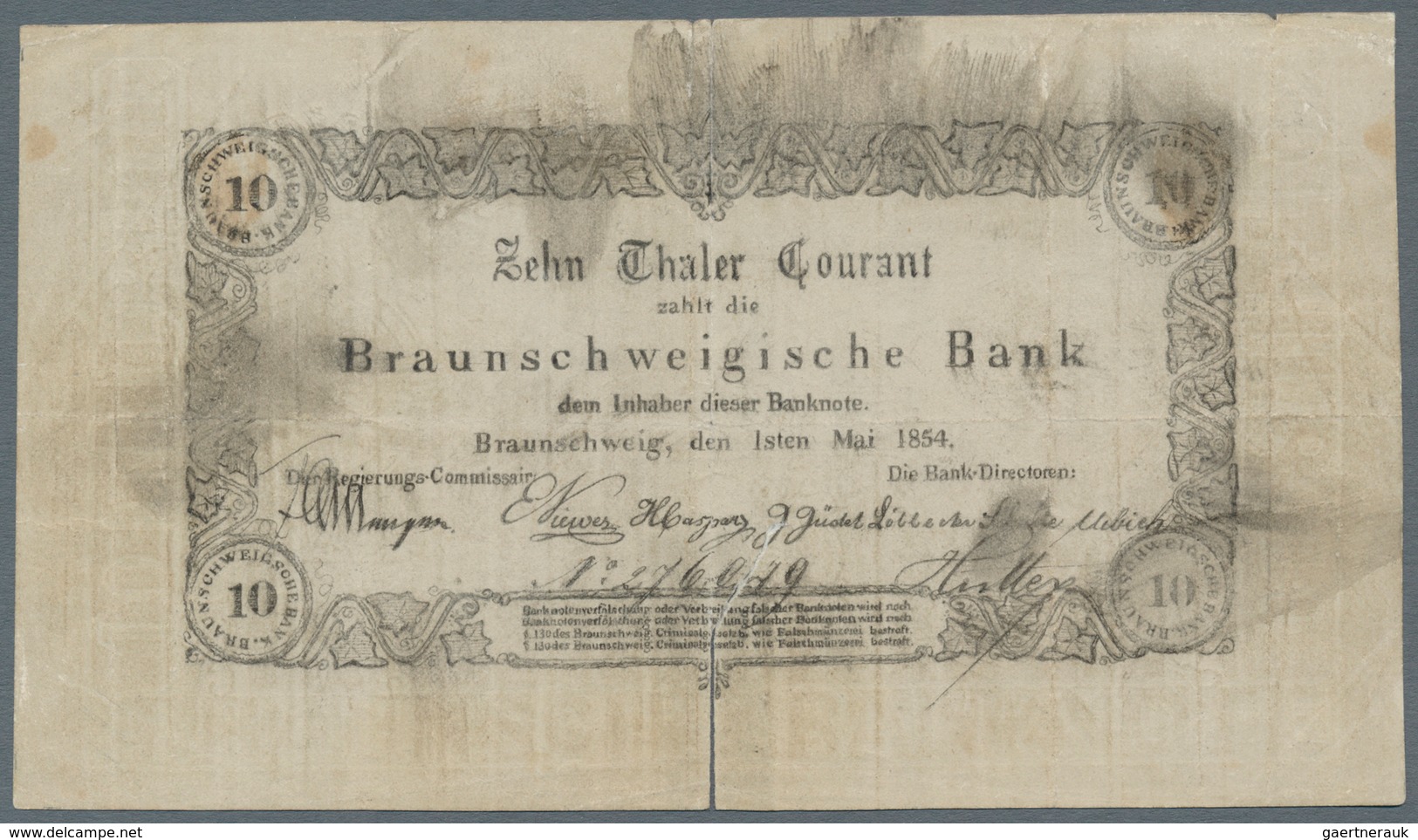 Deutschland - Altdeutsche Staaten: Braunschweigische Bank 10 Taler 1854 PiRi A63, Sehr Seltene Note, - [ 1] …-1871 : Duitse Staten