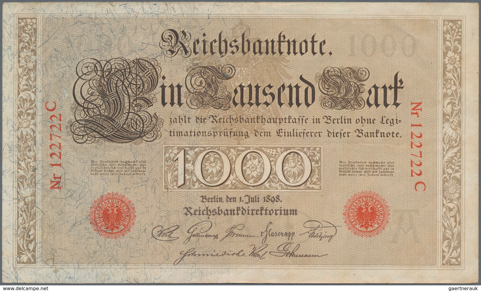 Deutschland - Deutsches Reich Bis 1945: 1000 Mark 1898 Ro. 18 Mit Waagrechter Und Senkrechter Falte - Andere & Zonder Classificatie