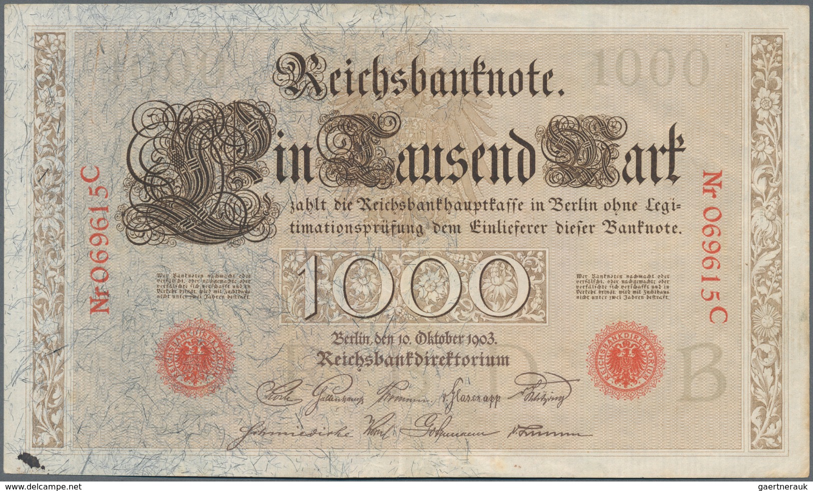 Deutschland - Deutsches Reich Bis 1945: 1000 Mark 1903 Ro. 21 Mit Mittelfalte Und Tintenfleck Auf De - Autres & Non Classés