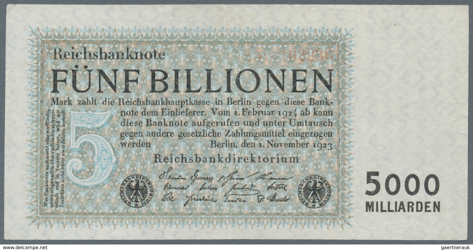 Deutschland - Deutsches Reich Bis 1945: Reichsbanknote 5 Billionen Reichsmark 1923, Firmendruck, KN - Sonstige & Ohne Zuordnung