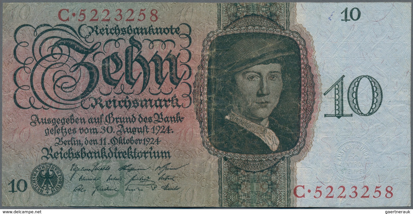 Deutschland - Deutsches Reich Bis 1945: 10 Reichsmark 1924 Ro. 168a In Erhaltung: VF-. - Sonstige & Ohne Zuordnung