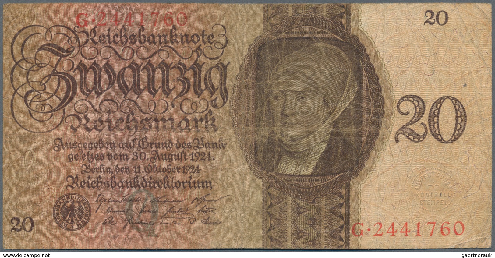 Deutschland - Deutsches Reich Bis 1945: 20 Reichsmark 1924, Udr. Q, Serie G, Ro.169, Stärker Gebrauc - Sonstige & Ohne Zuordnung