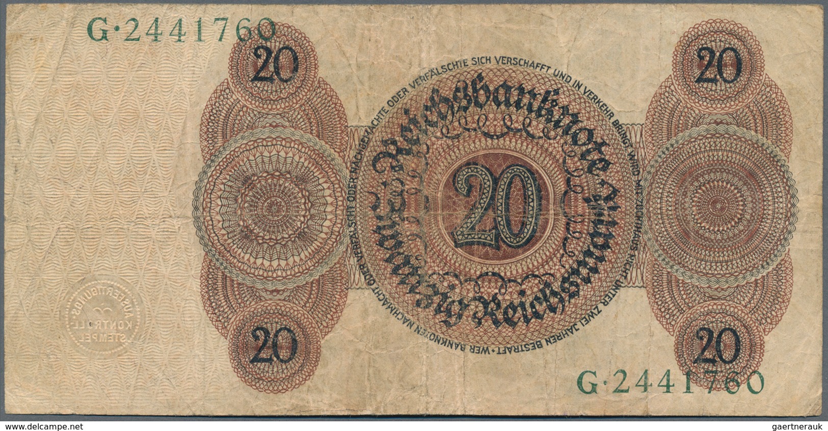 Deutschland - Deutsches Reich Bis 1945: 20 Reichsmark 1924, Udr. Q, Serie G, Ro.169, Stärker Gebrauc - Otros & Sin Clasificación