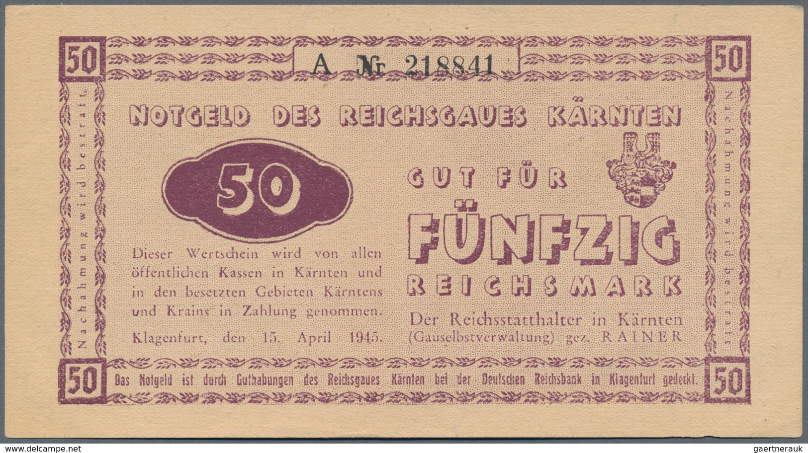 Deutschland - Deutsches Reich Bis 1945: Kärnten 50 Reichsmark 1945 Ro. 187, Mittelfalten, Keine Löch - Andere & Zonder Classificatie