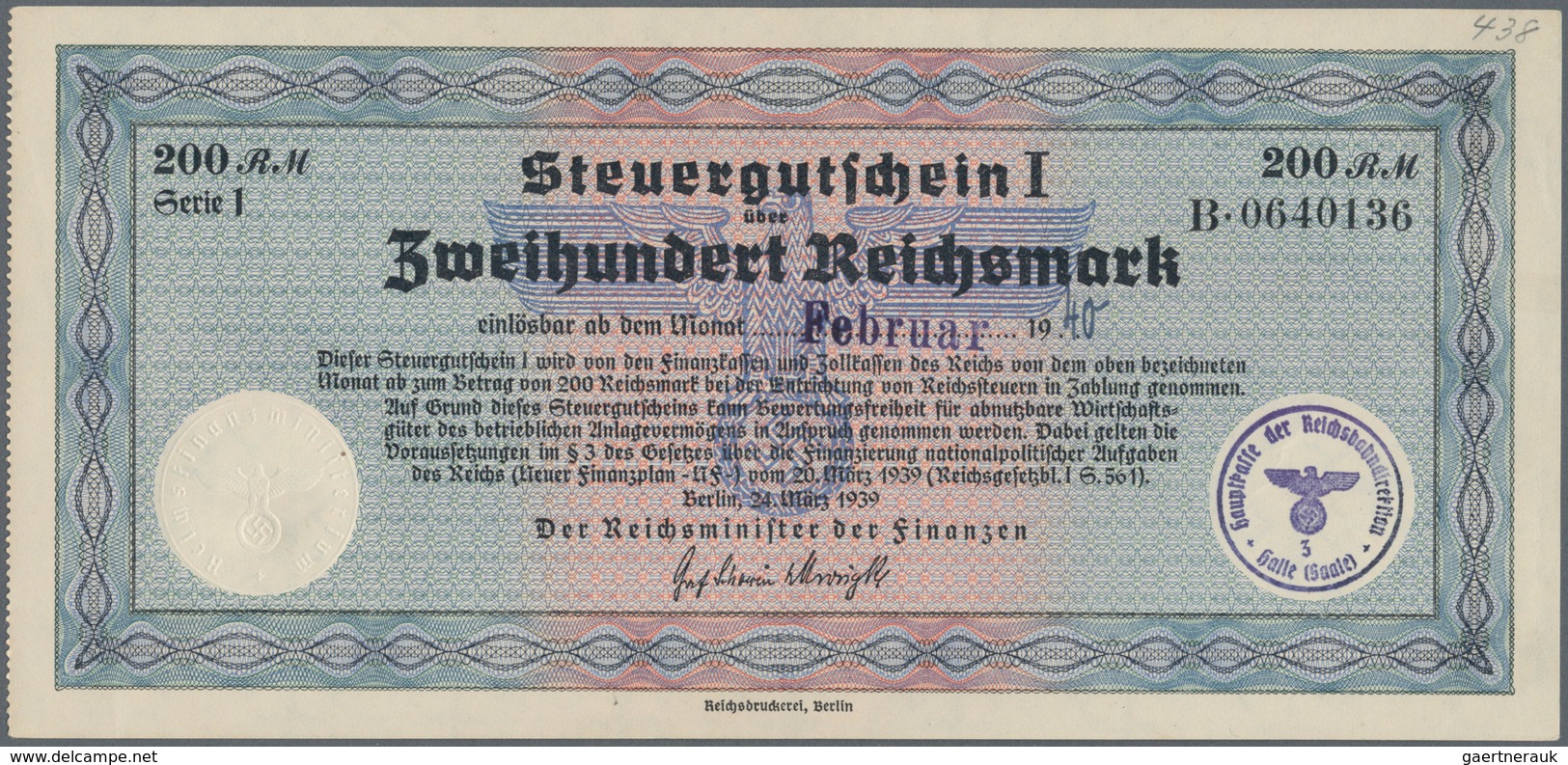 Deutschland - Deutsches Reich bis 1945: Steuergutscheine des Reichsministers der Finanzen, Berlin, 2