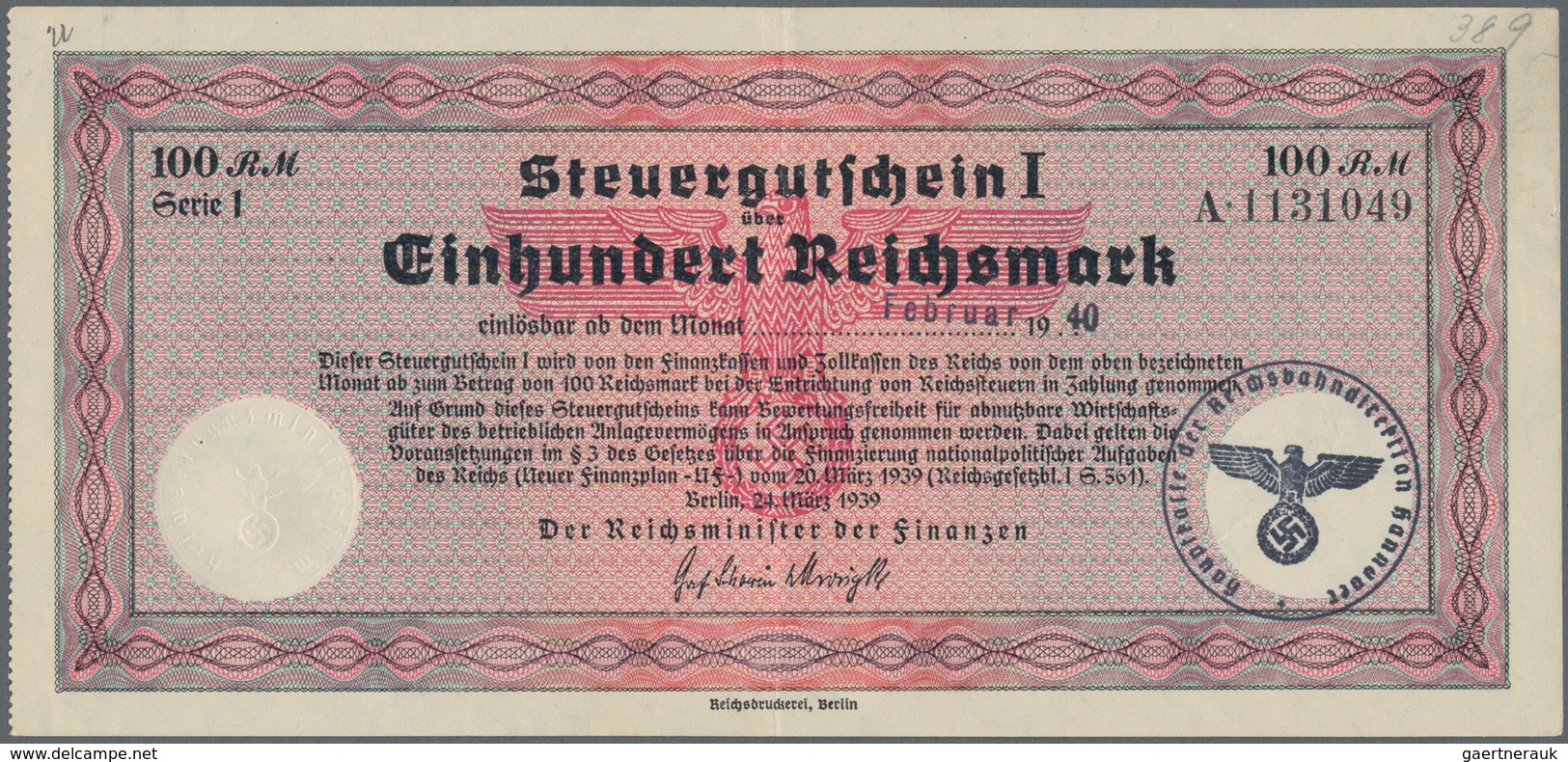 Deutschland - Deutsches Reich bis 1945: Steuergutscheine des Reichsministers der Finanzen, Berlin, 2