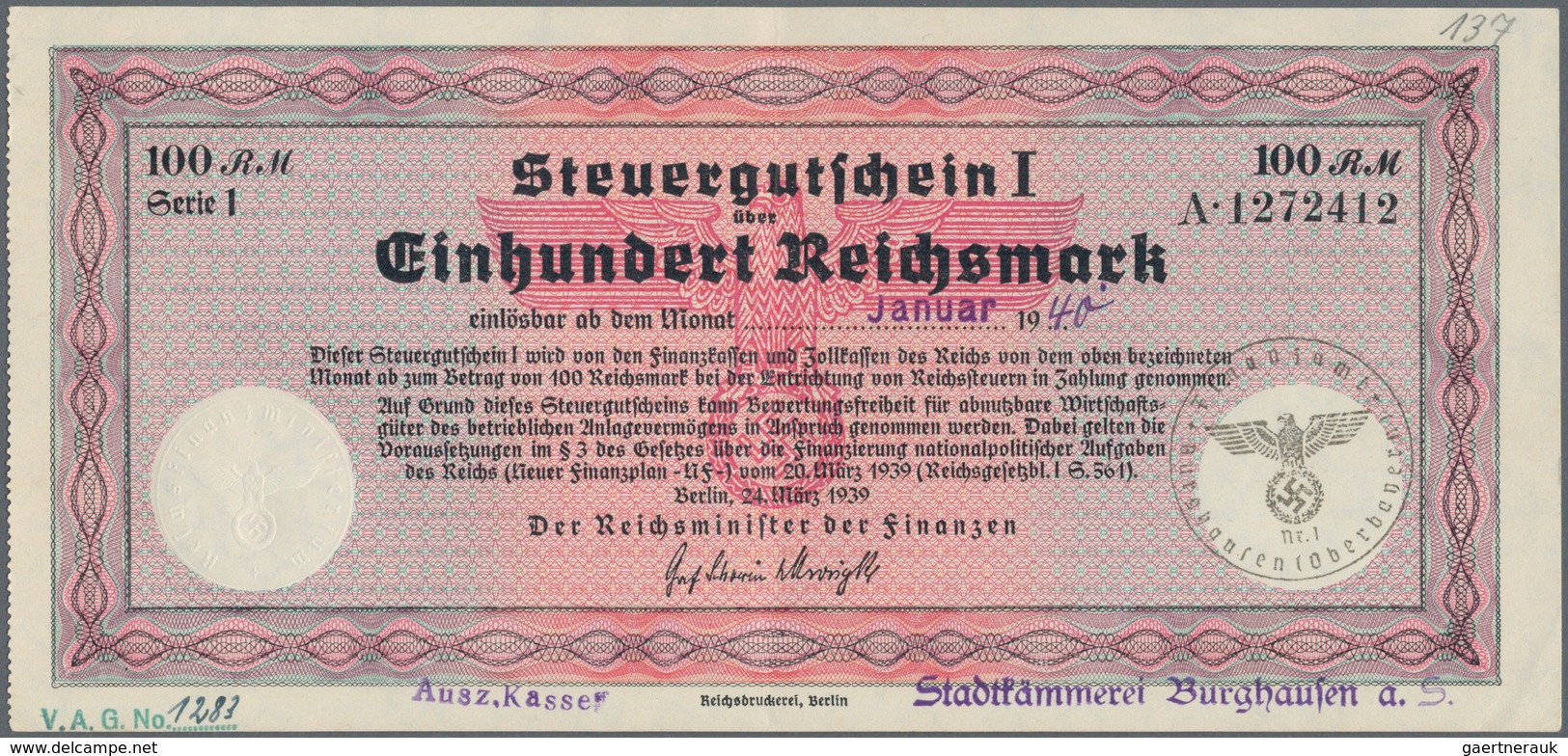 Deutschland - Deutsches Reich bis 1945: Steuergutscheine des Reichsministers der Finanzen, Berlin, 2