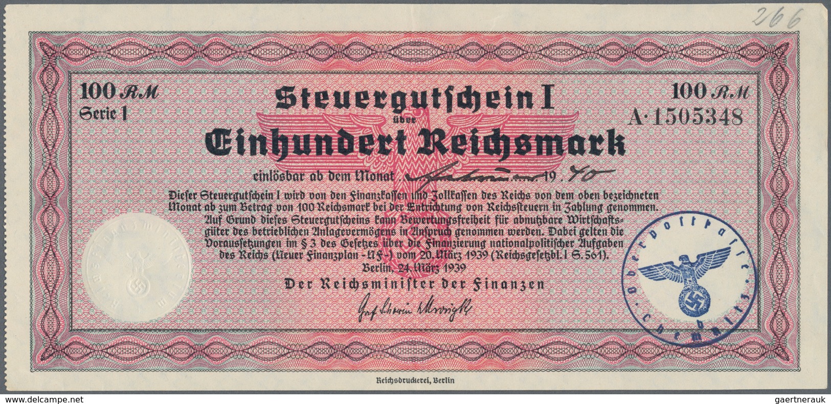 Deutschland - Deutsches Reich bis 1945: Steuergutscheine des Reichsministers der Finanzen, Berlin, 2