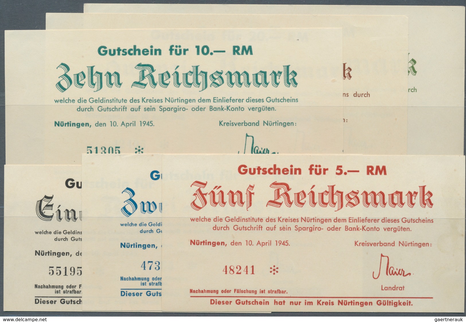 Deutschland - Alliierte Miltärbehörde + Ausgaben 1945-1948: Nürtingen, Kreisverband, 1, 2, 5, 10, 20 - Sonstige & Ohne Zuordnung