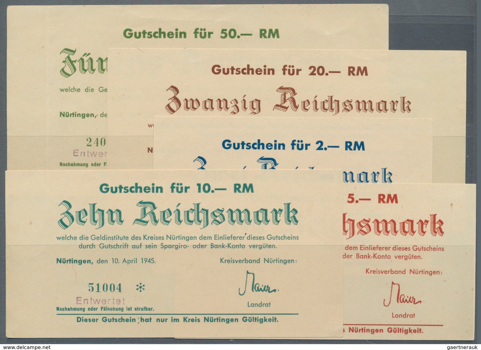 Deutschland - Alliierte Miltärbehörde + Ausgaben 1945-1948: Nürtingen, Kreisverband, 2, 5, 10, 20, 5 - Sonstige & Ohne Zuordnung